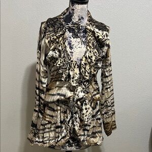 Just Cavalli Silk Short Leopard Tiger Print Long Sleeves Wrap Dress / Top